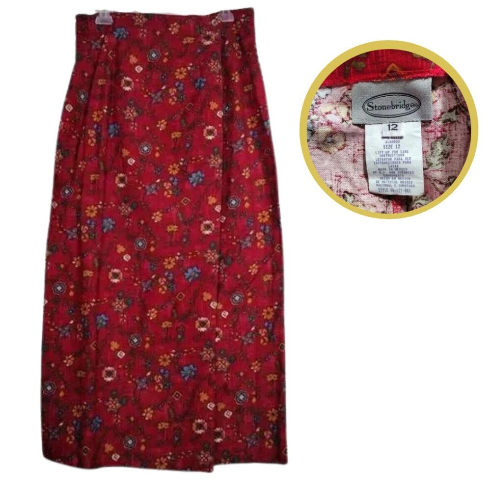 Floral Wrap Skirt Vintage Red Bohemian Midi Pencil Women's Size 12 Rare …